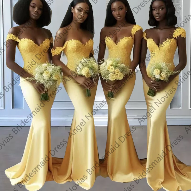 

Customized Long Mermaid Yellow Bridesmaid Dresses For Weddings Party Dress Off Shoulder Robes Invitee Mariage