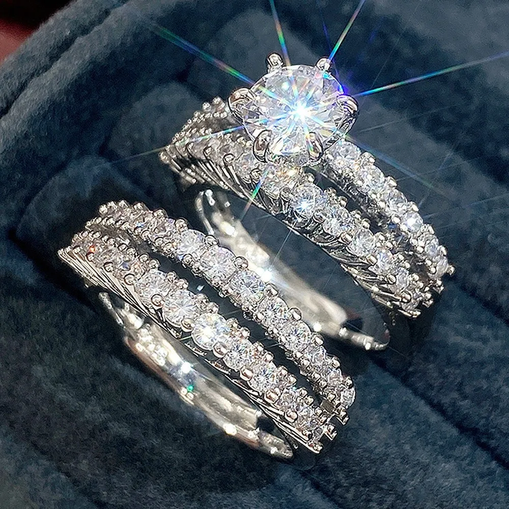 2Pc Round Brilliant Zircon Double Rows Stackable Bridal Engagement Ring Set, Hypoallergenic Jewelry, Valentine Anniversary Gift