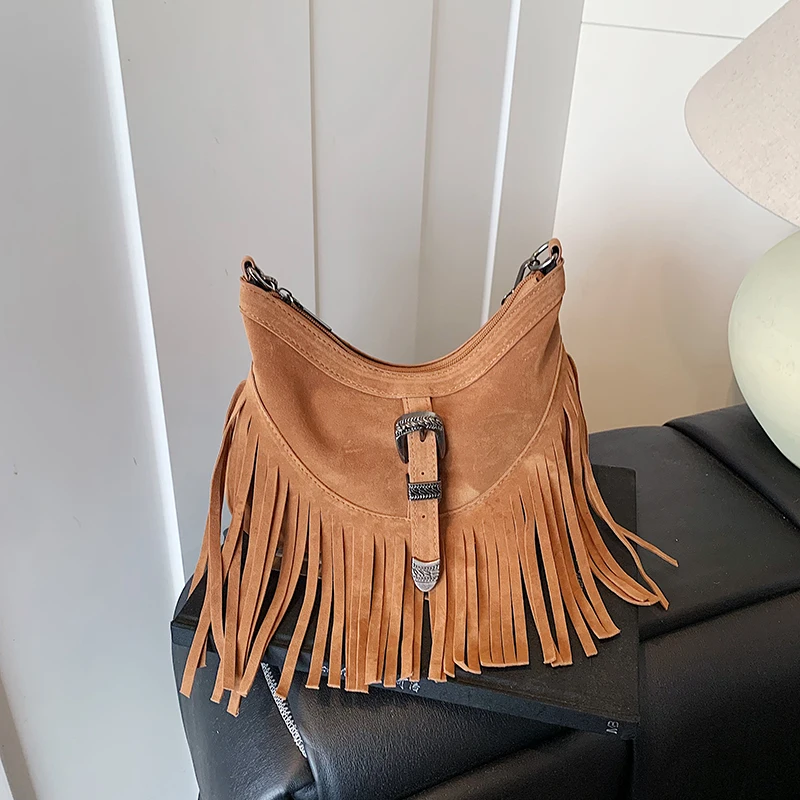 

2025 New Exquisite Tassel Faux Suede Square Shoulder Bags Solid Zipper Retro Super Cool Sense of Luxury Crossbody Bags for Women