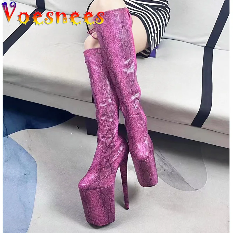 New Design 2022 Women Fashion Knee-High Boots Snake Grain High Heels Pumps Round Head Platform Side Zipper Party Club Lady Shoes