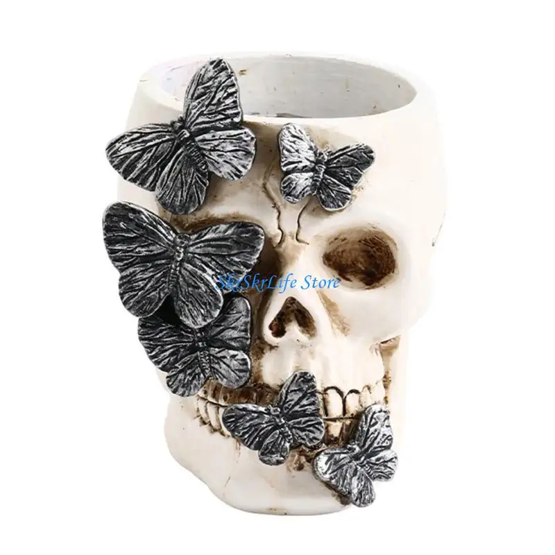 E65E Halloween Skull Pen Box Resin Pencil Cup Makeup Brush Organizers Storage Box