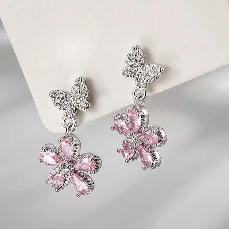 DIY accessories New small fresh and sweet pink zircon butterfly flower stud earrings light luxury high sense versatile temperame