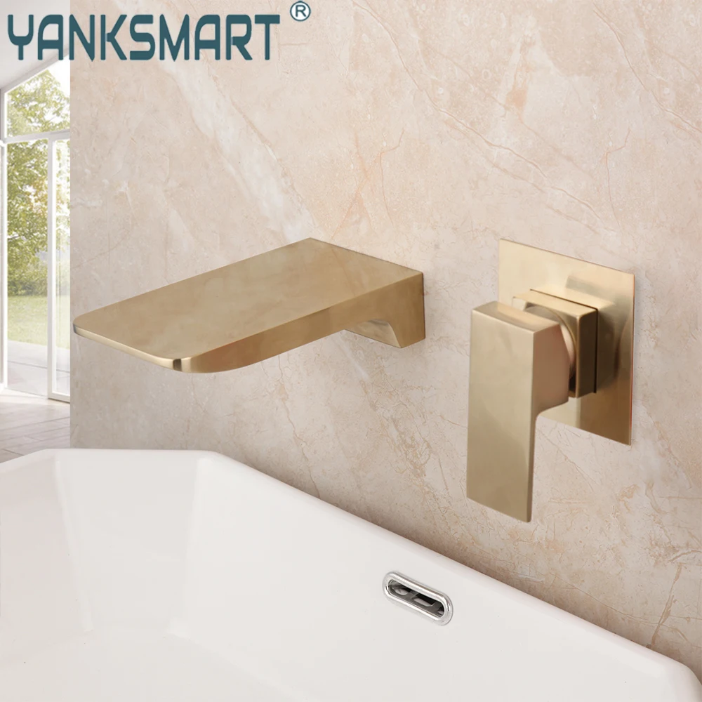 

YANKSMART Brushed Gold Bathroom Faucet Wall Mounted Bathtub Waterfall Basin Sink Faucet Single Handle Hot & Cold Mixer Water Tap