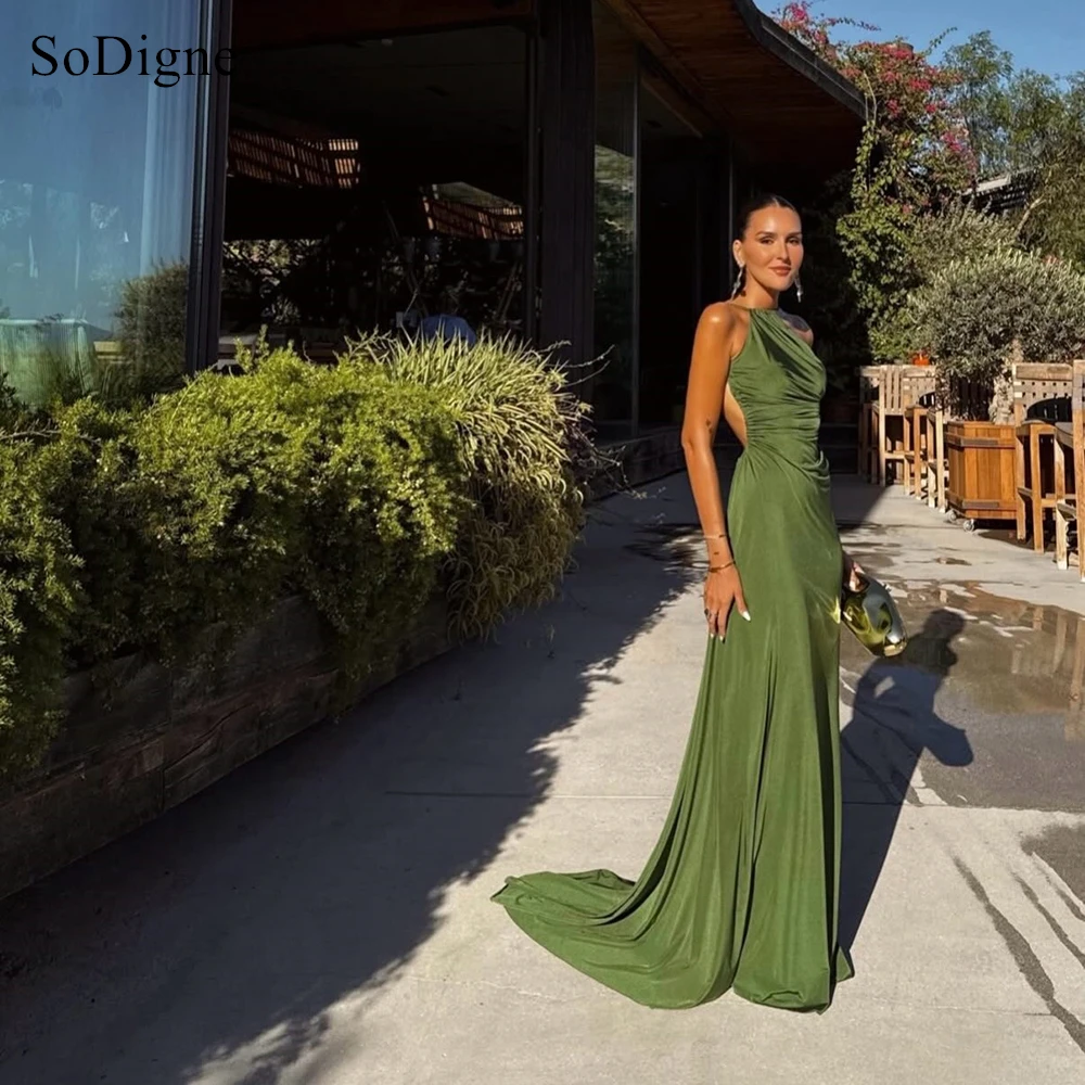 SoDigne Elegant Green Satin Evening Dresses Pleats Halter Sleeveless Party Dress Sexy Blackless A-Line Prom Gowns Customized