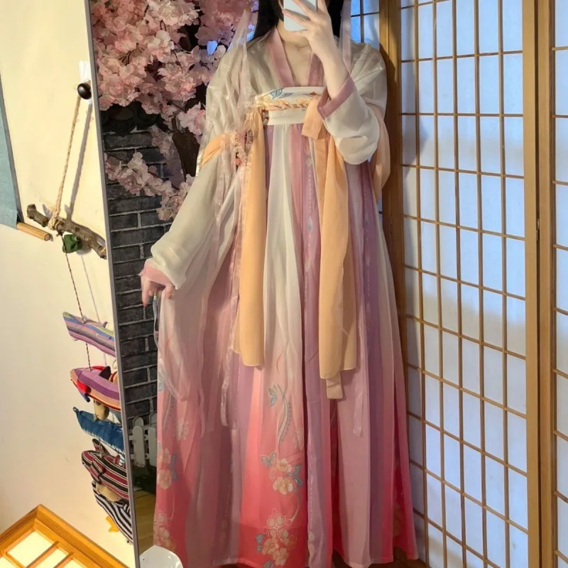 Tang Dynasty Chest-length Pear Blossom Print Ru Skirts Top Silk Cape Spring 2023 Daily Chinese Traditional Hanfu 3PCS Full Suits