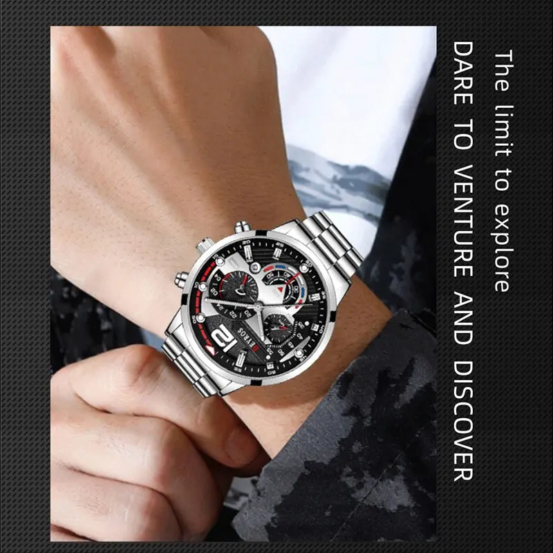 5 unids/set conjunto de reloj de cuarzo de moda informal para hombres, esfera redonda de acero inoxidable plateado con fecha conjunto de reloj de cuarzo para hombres