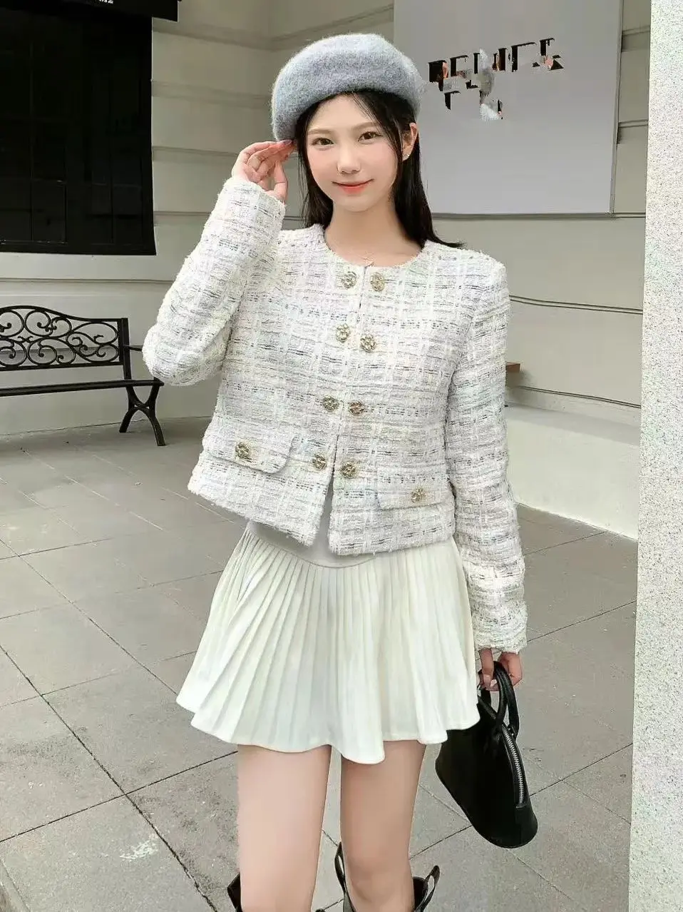 

Клетчатый твидовый пиджак с небольшим ароматом для женщин, новая осенне-зимняя высококачественная двубортная тканая шерстяная верхняя одежда с круглым вырезом