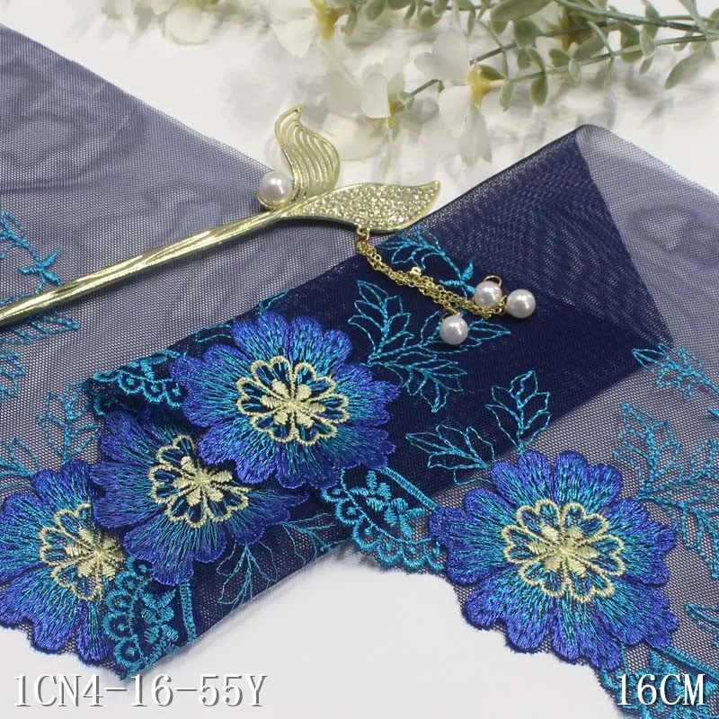 2Yards/16cm wide Blue Embroidery Lace Trimmings Dress Accessories Lace Fabric Sewing Crafts Doll Material