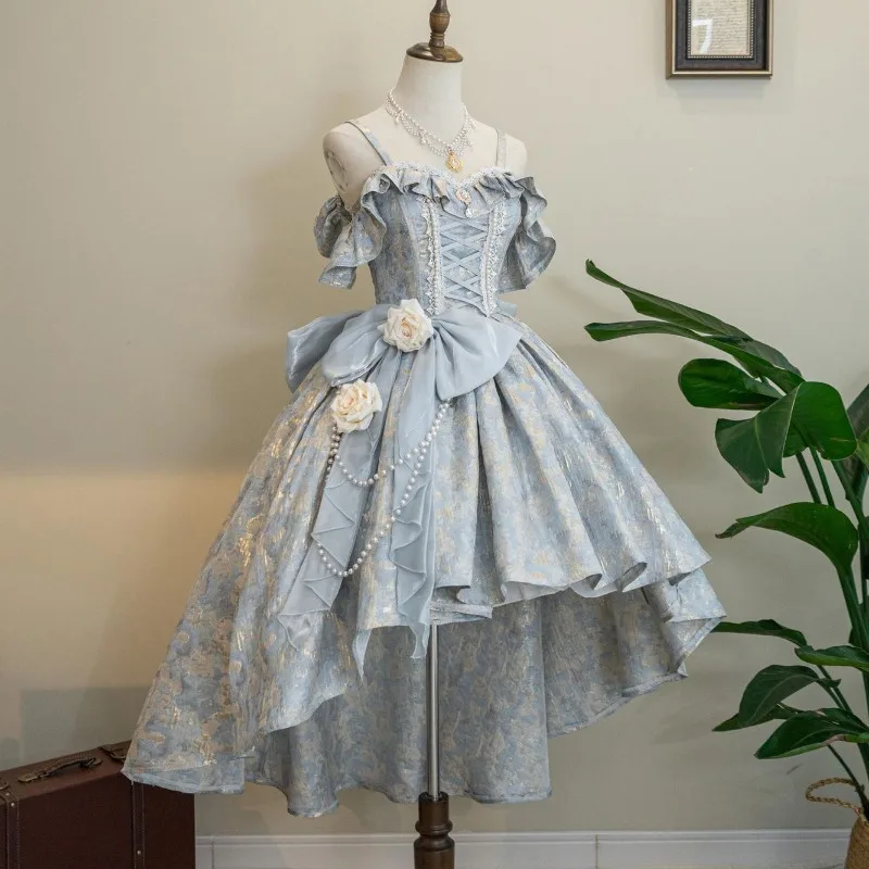 فستان الأميرة الأصلي لوليتا الياباني الكوري الجديد لعام 2025، فساتين حفلات بحمالات طويلة وخصر عالي