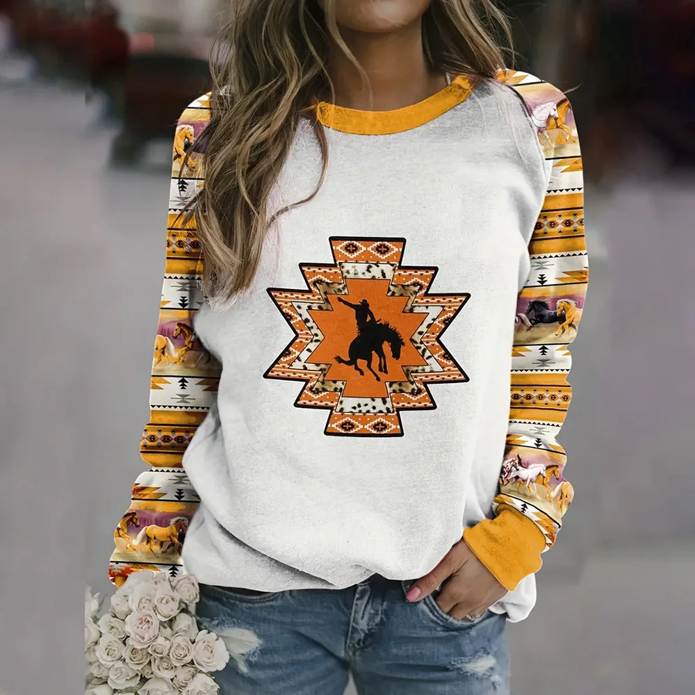 Trendy Women's Long Sleeve Tops Loose Casual 3d Horse Pattern Printed O-Neck Blouse Autumn Winter Tops Oversized Female Clothes