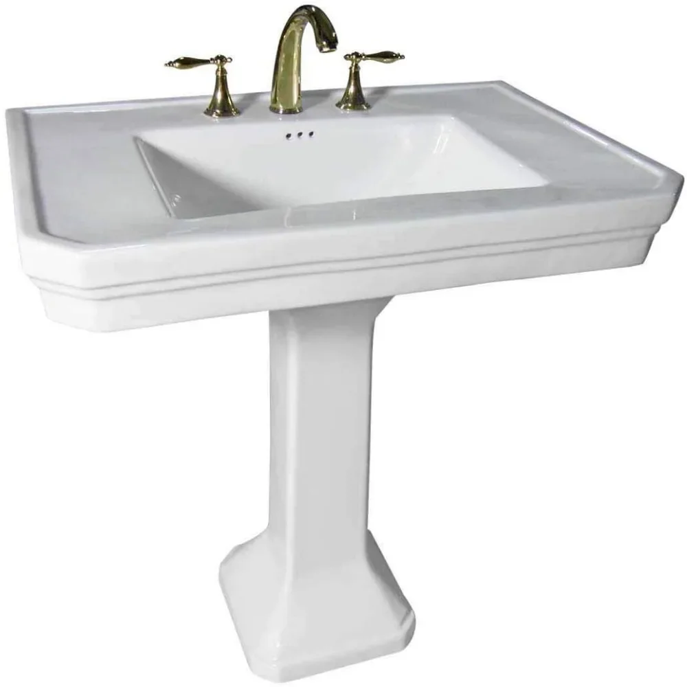 

Victorian 32" W Large Pedestal Bathroom Sink – Heavy-Duty White Porcelain, Pre-Drilled Widespread Faucet Holes, and Overflow