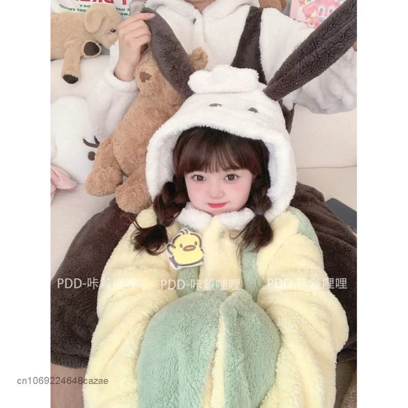 Sanrio Pochacco Winter Flannel Warm Pajamas Couple 3D Printed Nightgown Cute Student Long Coral Velvet Home Garment For Women