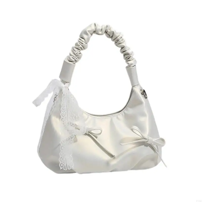 

72XE Korean PU Leather Shoulder Bag with Lace Bows Detailing and Detachable Chain Strap Pleated Handbag for Women