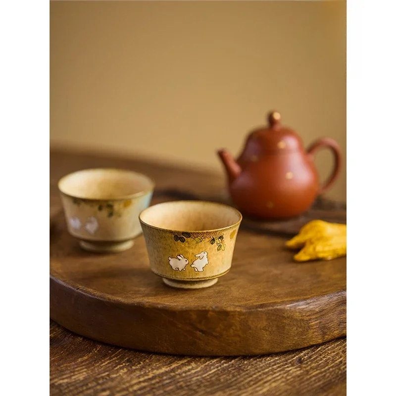 Chinese retro ceramic teacup master cup single kiln change hand-painted osmanthus zodiac rabbit kung fu tea tasting cup