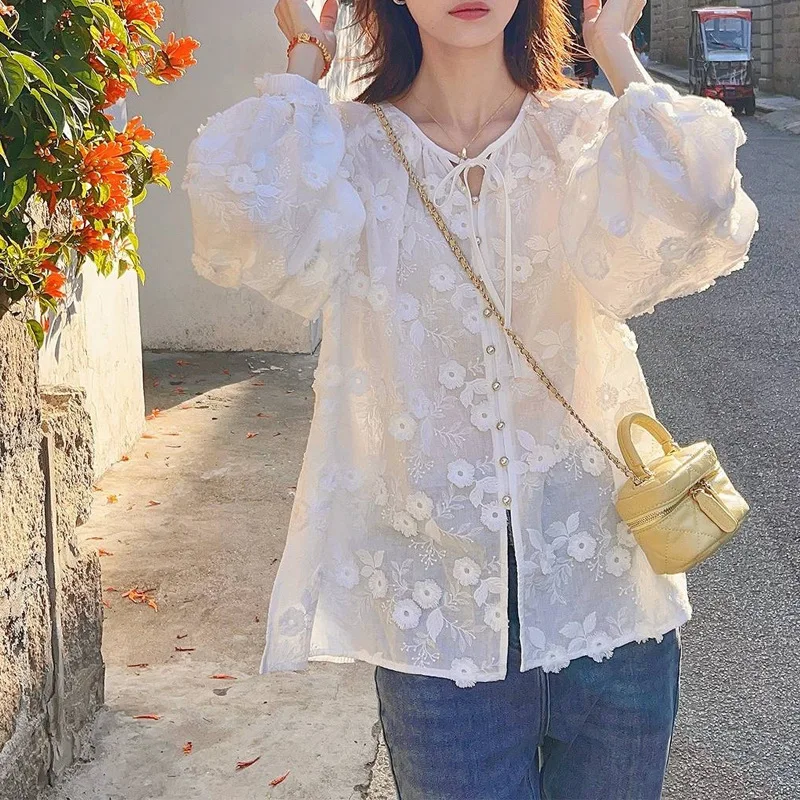 Women 3D Floral Embroidery Tie V Neck Blouse Puff Elastic Cuff Long Sleeve Shirt Solid White Loose Vintage Lace Cutout