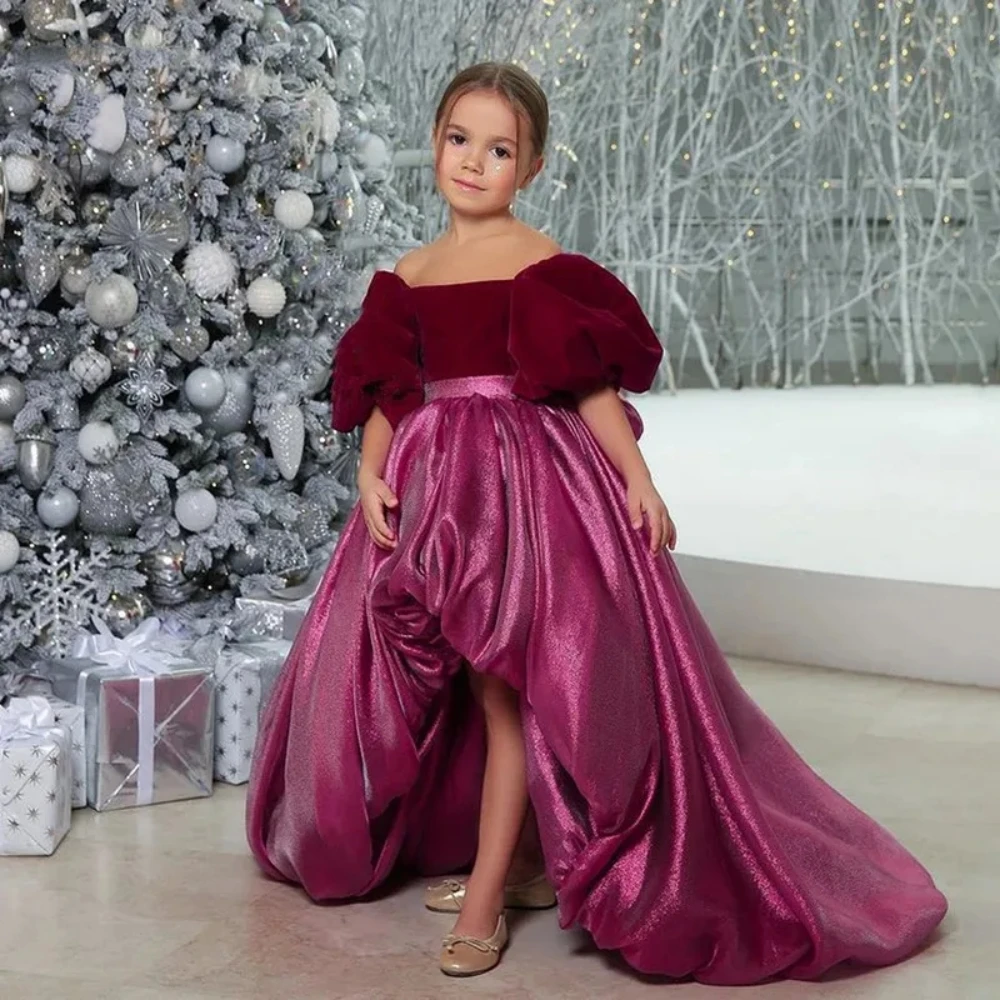 Vestido De princesa con flores para niña, vestidos De fiesta De boda, mangas abullonadas De terciopelo, bata De matrimonio alta y baja, banquete especial nuevo