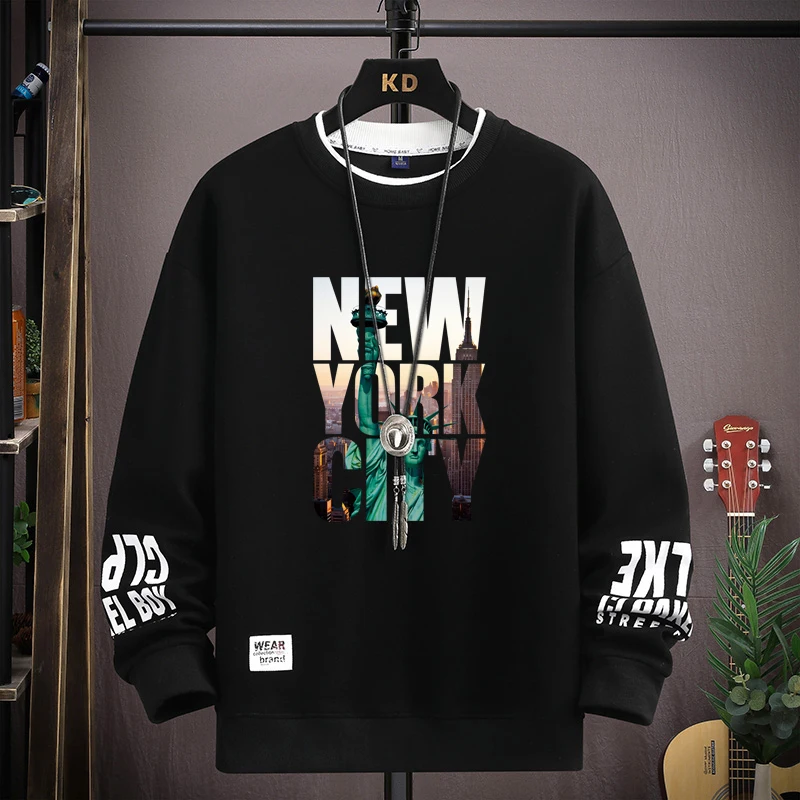 Moletom masculino americano nova york impresso manga longa camiseta moda roupas masculinas cáqui casual o pescoço hip hop topo 2024 novo