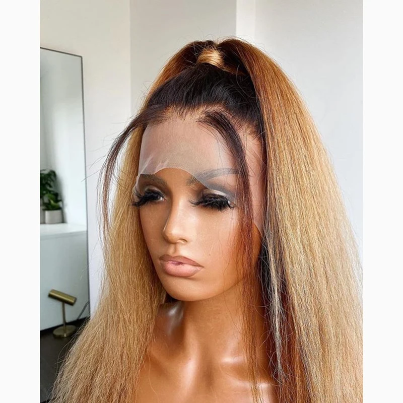 Kinky Straight Lace Front Wig para Mulheres, Glueless, Longo, Loiro, Yaki, 180 Densidade, Ombre, Cabelo do Bebê, Resistente ao Calor, Pré-arrancado, Diariamente, 26"