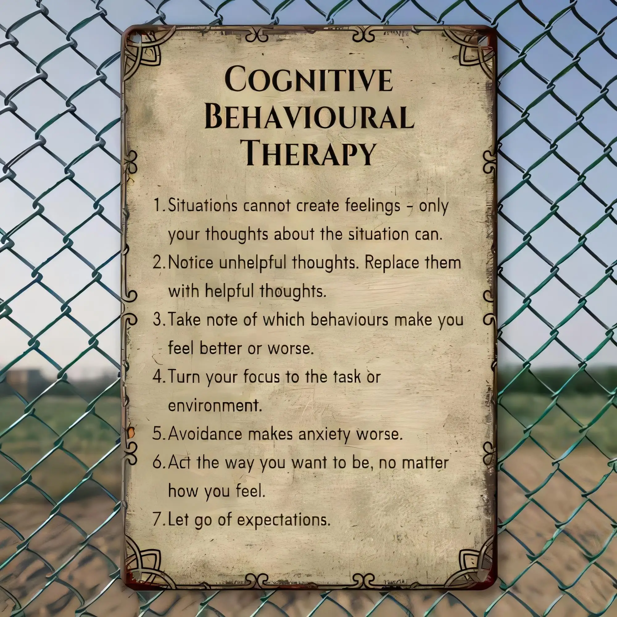Tin Sign Cognitive Behavioural Therapy CBT Quote Metal Plaque Vintage Wall Decor for Bedroom Living Room Office Anxiety Stress R