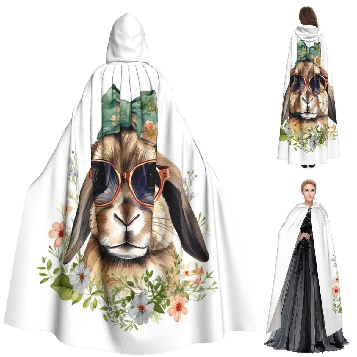 

Пасхальный кролик с солнцезащитными очками, забавный дизайн, длинный плащ с капюшоном, средневековый костюм ведьмы, накидка для косплея, Хэллоуин, вечеринка для взрослых, унисекс
