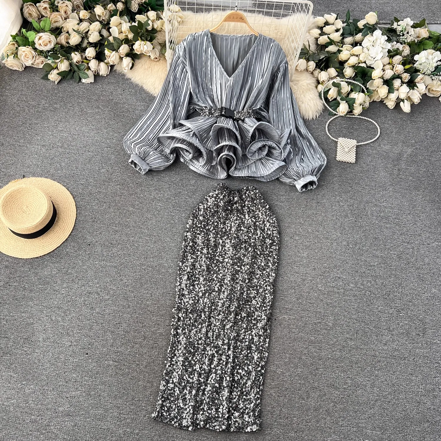 Luxury Fashion Spring Party Two Piece Set For Women V Neck Lantern Sleeve Ruffles Belt Tops + High Waist Sequin Split Skirt Suit