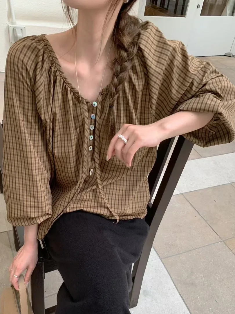 レトロな格子縞のサロングスベ レディース イルト スウィート ランタン スベ トップス 初秋の新作 韓国風 スレ エレ スモール イルト