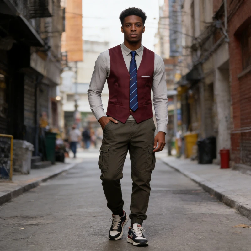 

Мужской жилет-блейзер с V-образным вырезом, без рукавов, на пуговицах, деловой, приталенный, с лоскутным дизайном и карманами, 2026