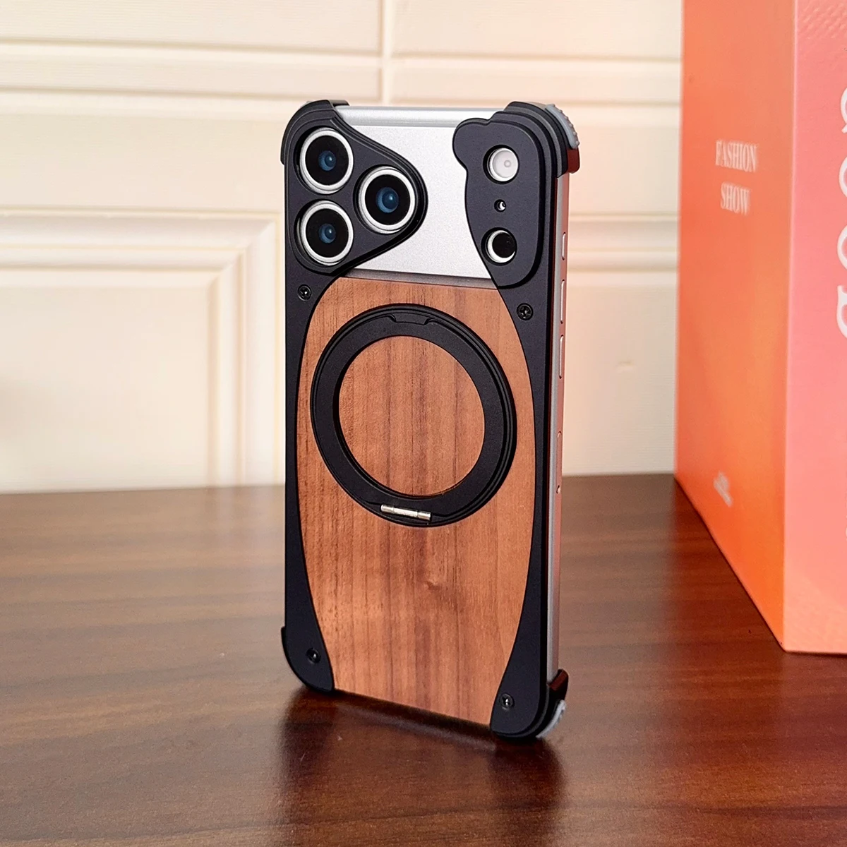 Aluminum Magnetic Wooden Case for iPhone 18 17 Pro Max 18 17 Pro Cover Walnut Real Wood Mag-safe Free Rotation Stand Shell