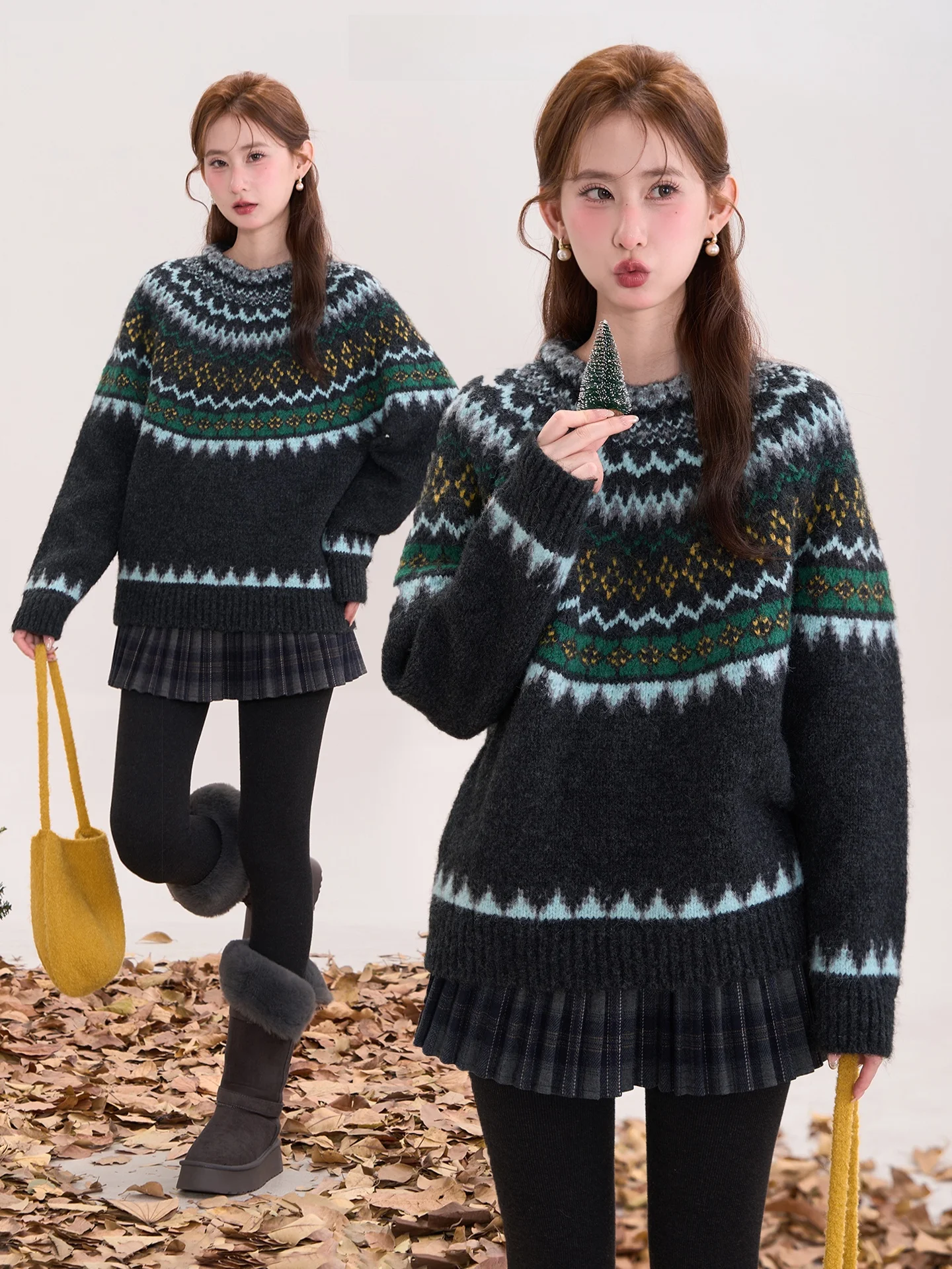 

Retro Fair Isle Knit round Ne Sweater Women's Autumn Winter Thiened Knitted Top Cr Diary Floral Window Heme