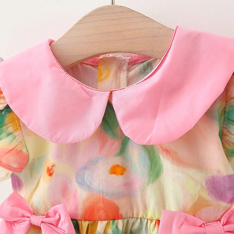 Summer Oil Painting Flower Print Bow Small Flying Sleeve Baby Girl Dress Cute Doll Collar Girl Princess Dress