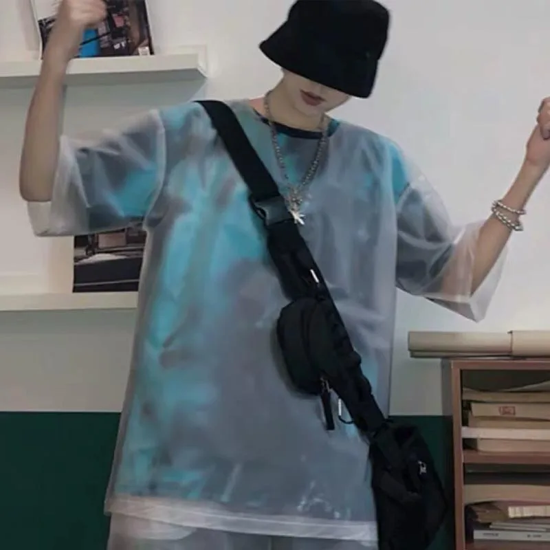 PVC مثير متجمد شبه البلاستيك الشفاف السراويل قصيرة الأكمام البلوز جولة الرقبة تي شيرت الرياضة ABDL للماء للجنسين زي