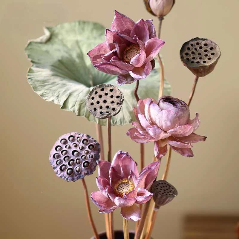 New Chinese Zen natural lotus pod lotus leaf dried lotus bouquet living room vase advanced simulated flower decoration