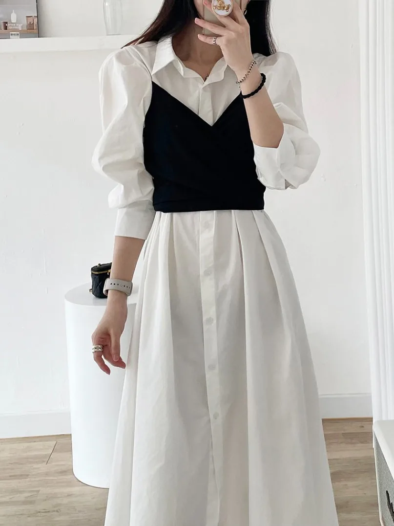 

Chic Autumn ort Sve irt Dr Slim Fit Color Blo Age Defng Personali Split Two Piece Effect Dr for Young Women
