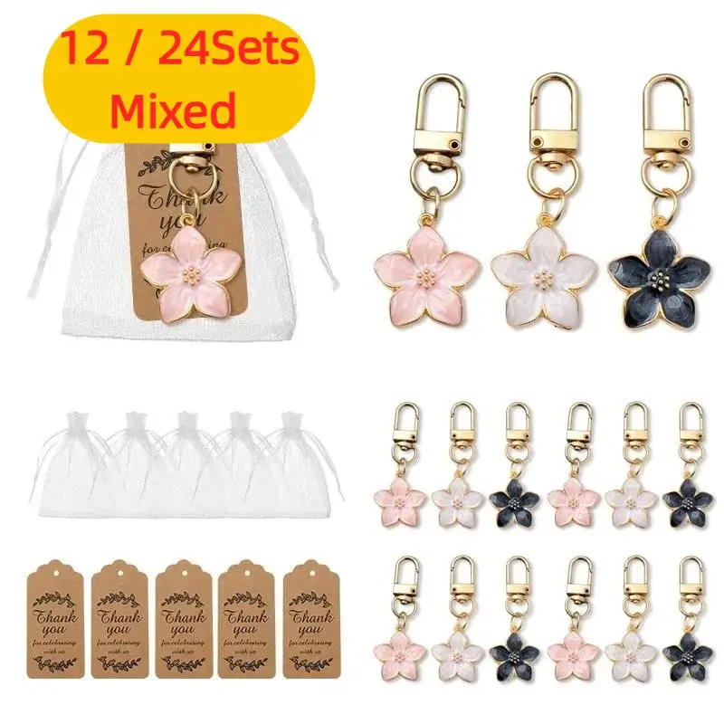12/24sets cherry blossom keychain gift including five-petal flower keychain pendants in three colors, guest souvenir gift set