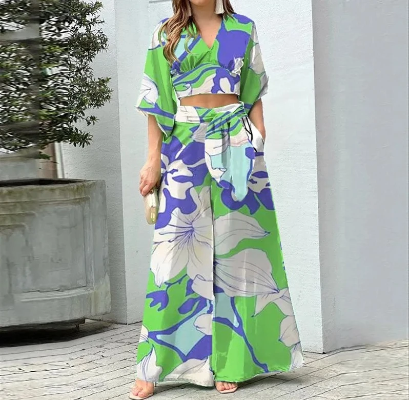

Повседневный женский комплект из двух предметов, укороченный топ с v-образным вырезом и широкие брюки с высокой талией, комплект рубашки с принтом, летний женский костюм