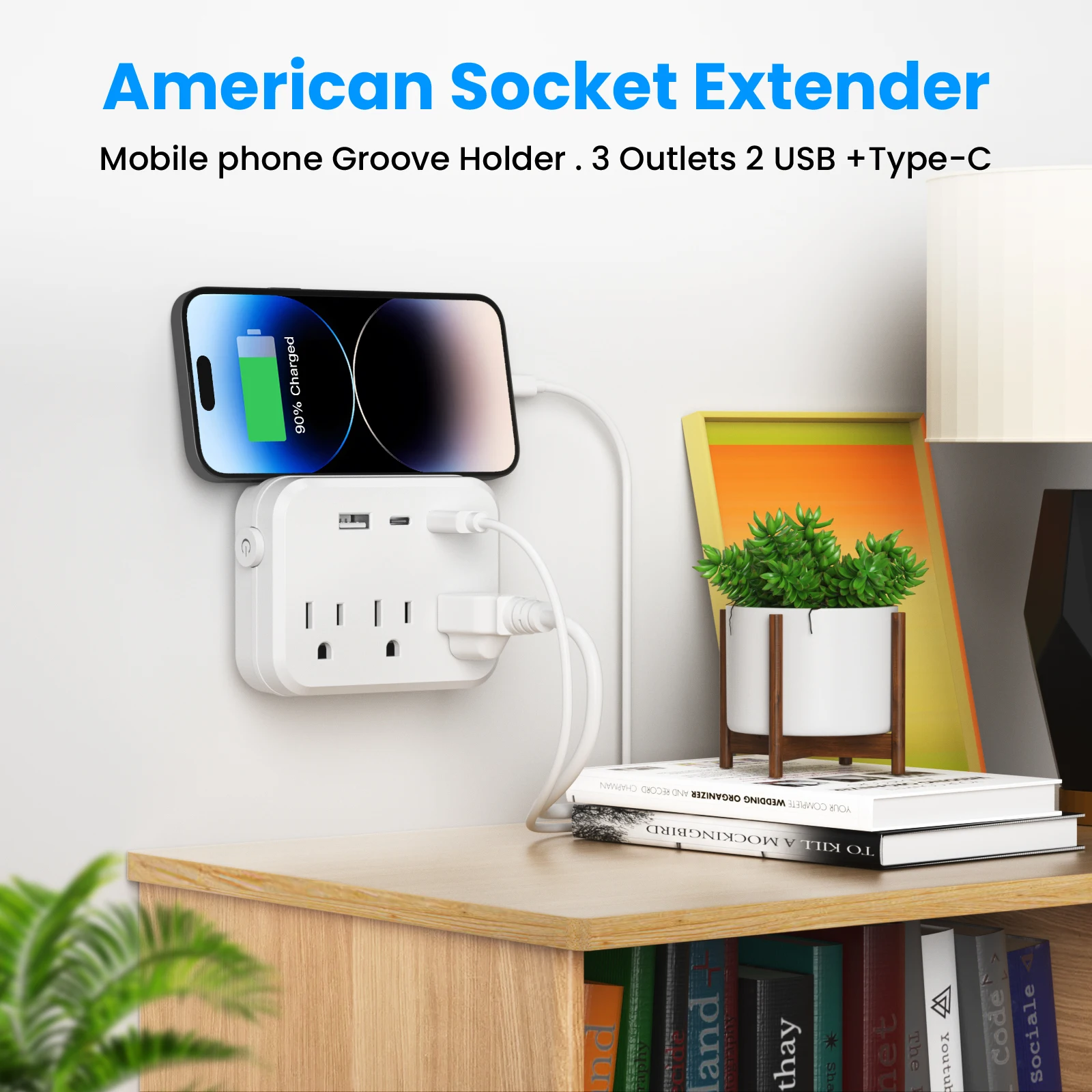 US Switch with surge protector Mini Portable Power socket 6-in-1 Multifunctional 3 sockets 2 USB ports 1 Type-C white