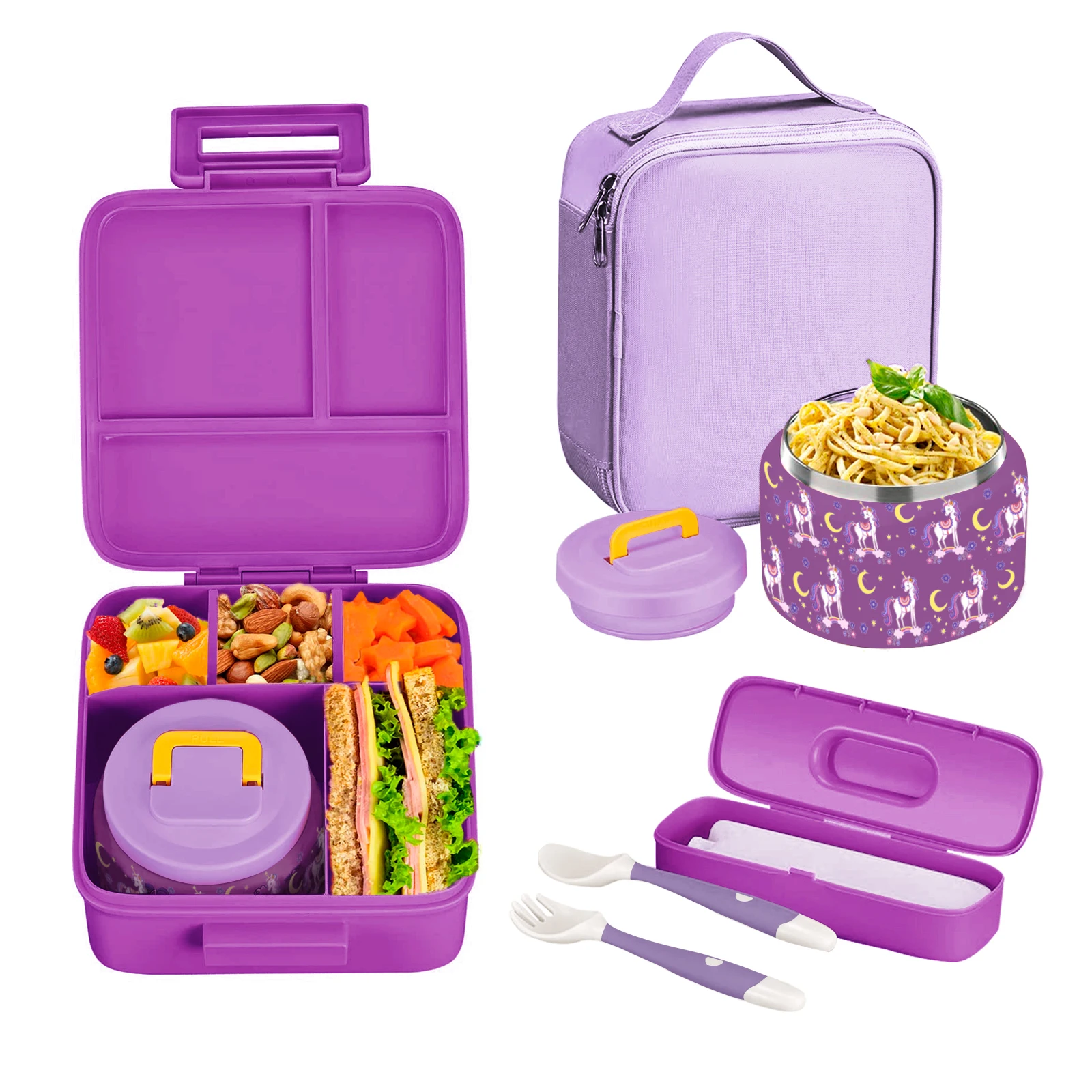 Bento Lunch Box for Kids With 8oz insulated vacuum food jar, Lunch bag, ice pack, and bendable fork&spoon, Leak-proof