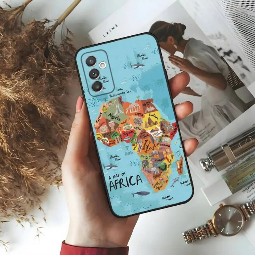 حافظة هاتف Geogra لخريطة أفريقيا لهاتف سامسونج S24,23,22,30,21,10,9,Ultra,Plus,Lite,FE,5G حافظة سوداء ناعمة