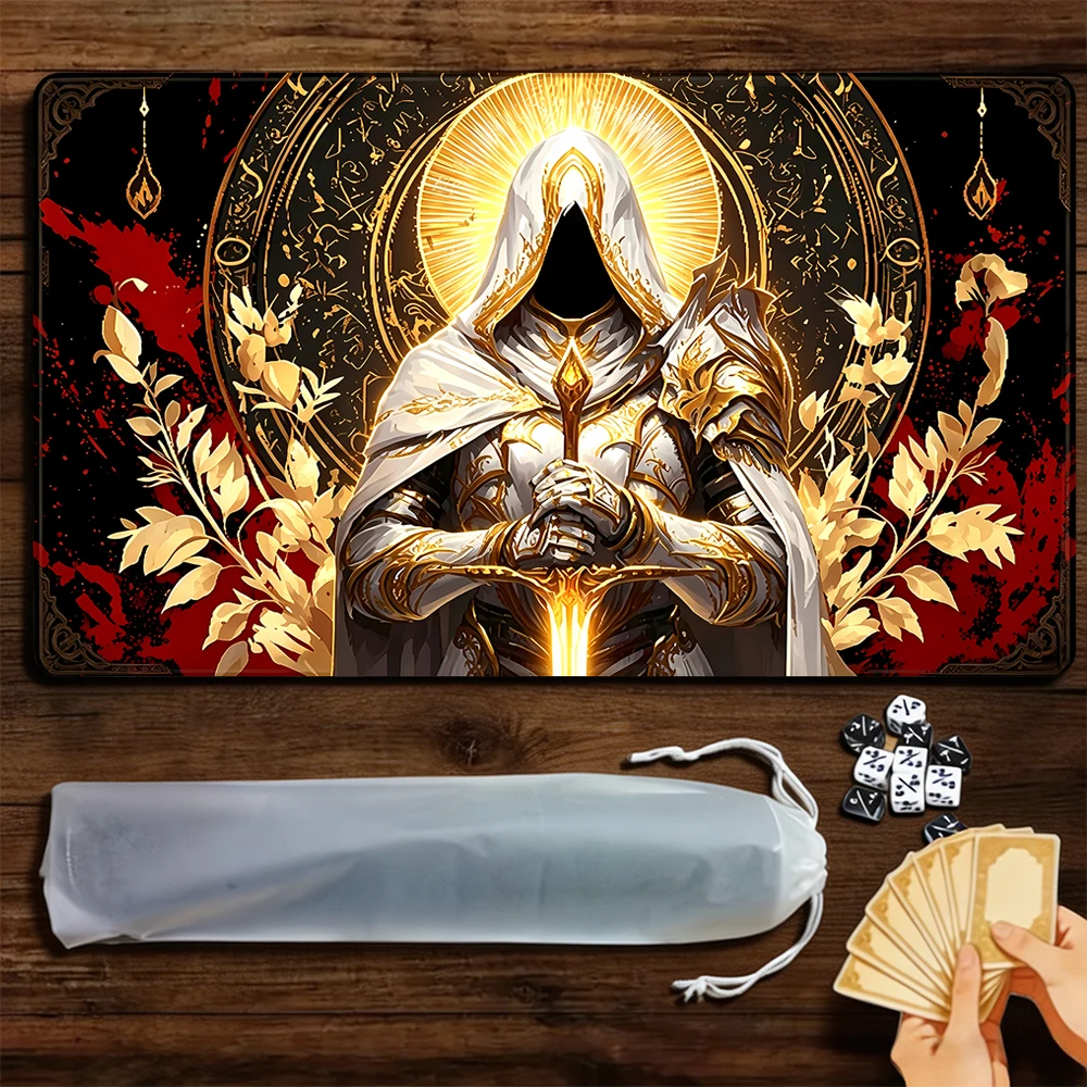 White Holy Sword Knight TCG Playmat Magic Playmat Gathering Gaming Mat with Stitched Edge Anti-slip base Trading Card Game