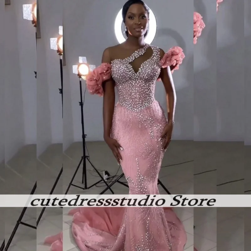 

Pink Mermaid Off The Shoulder Luxurious Beaded Evening Dresses For Women Puffy Ruffles Prom Dress Wedding Party Gowns Customized