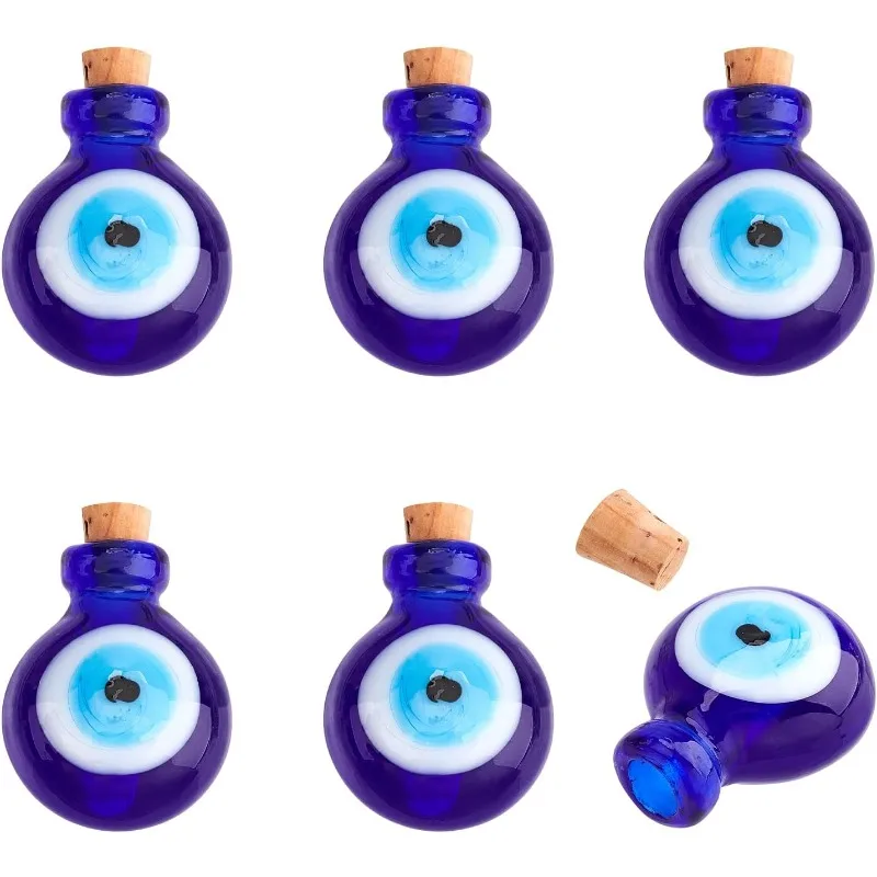 

6 Pcs Perfume Bottle Handmade Lampwork Evil Eye Shape Bottle Pendant for Essential Oil Diffusering Necklaces Blue