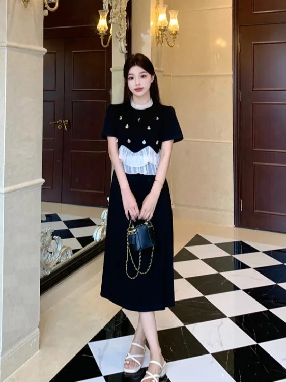 

plus Size Women's Black Lace Trim round Neck Dress Summer New Style Waist Cinched Elegant Long Dress Hepburn Style Luxury Fas...