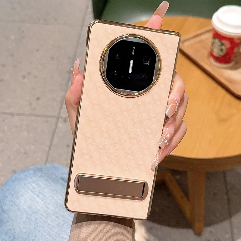 

Elegant Sunrise Gold Leather Texture Case for Huawei Mate X6 X5 X3 X2 Cover Metal Kickstand Shockproof Anti-Scratch PSWJZJ