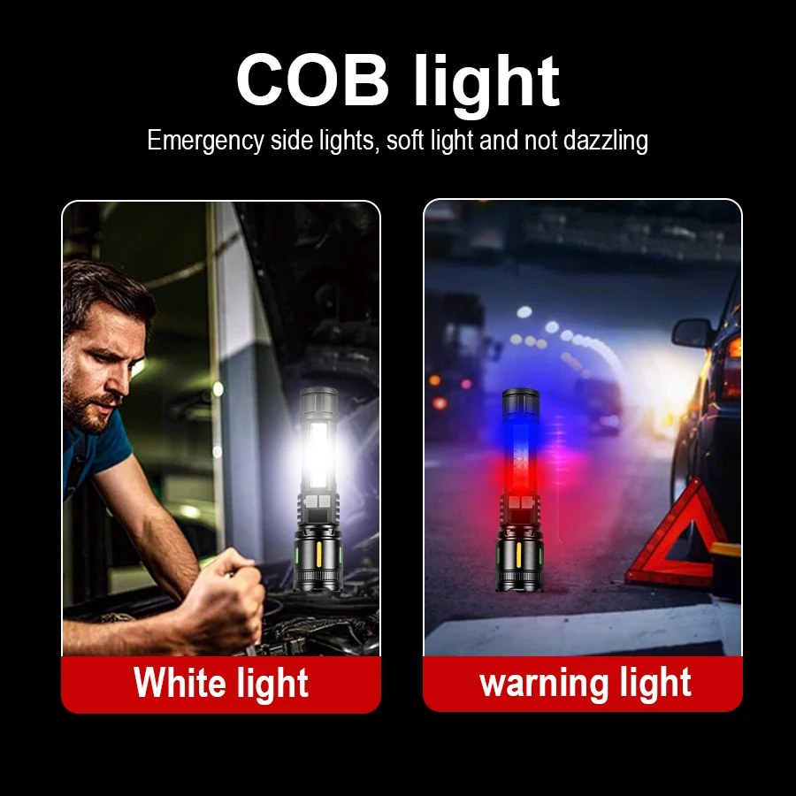High Power LED Flashlight Portable Lantern With COB Lights Long Range Torch Lamp Zoom Rechargeable Lamps Outdoor Camping Lights