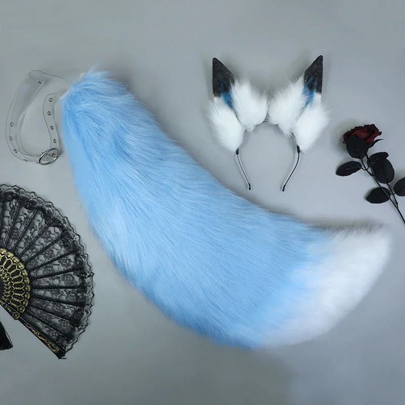 

Blue Furry Wolf Ears Headband Wolf Tail Set Adjustable Belt Realistic Animal Fluffy Fur Headband Anime Lolita KC LOL Cosplay