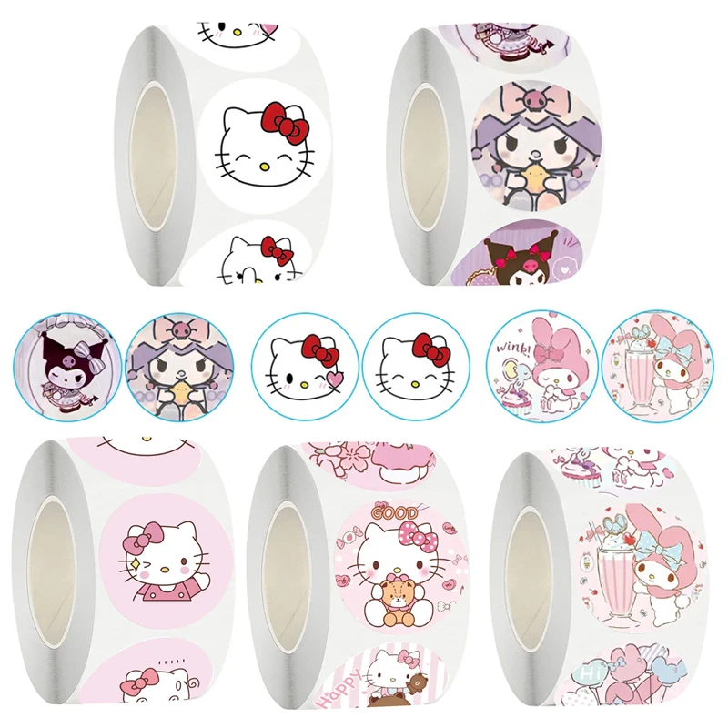 500pcs/Roll Sanrio Kuromi Stickers Reward Kawaii Hello Kitty Melody Diy PVC Laptop Decals Decoration Cartoon Stiker Kid Gift Toy