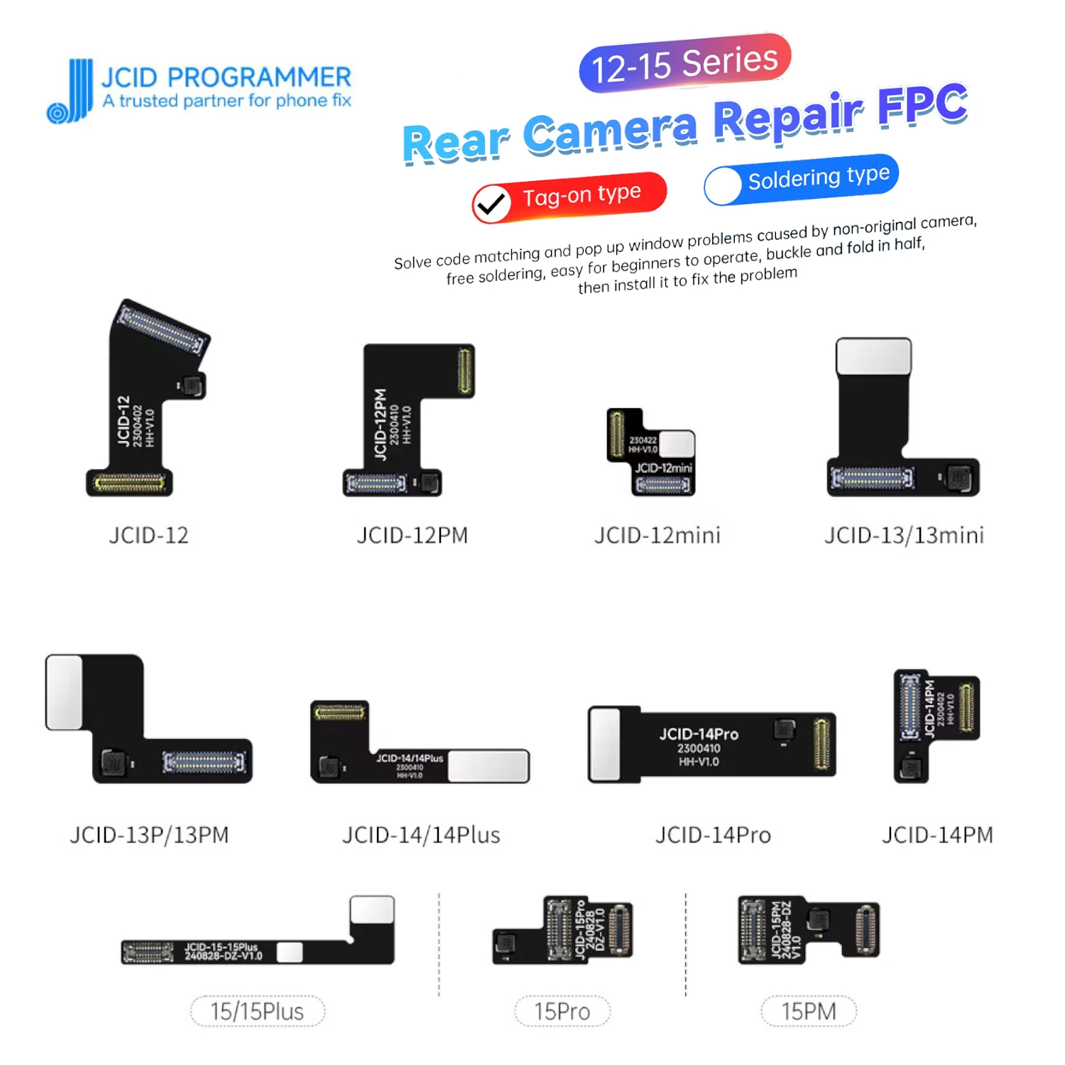 Jc tag na câmera traseira reparação fpc cabo flexível pop-up janela problema não-remoção sem solda para iphone 12-15pm manutenção