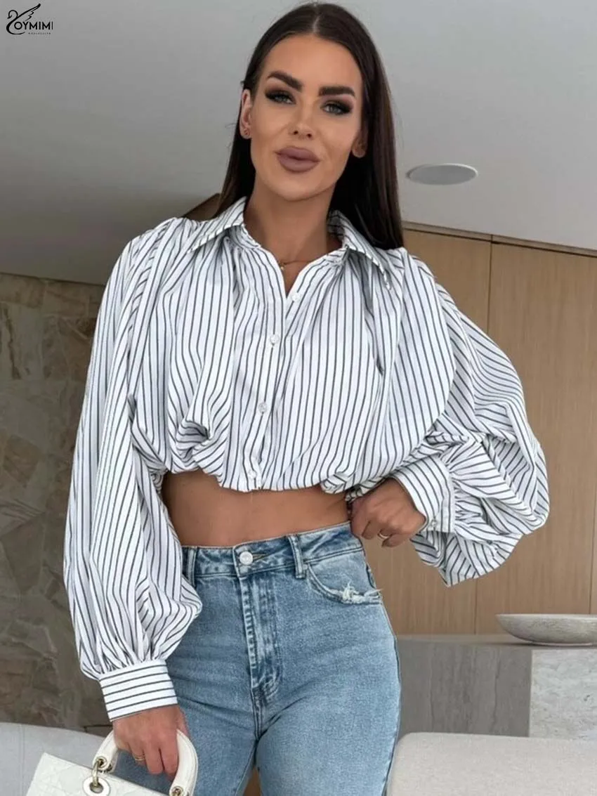 

Oymimi Elegant White Print Women's Shirt Fashion Turn-Down Collar Long Sleeve Loose Shirts Autumn Single Breasted Crop Shirts