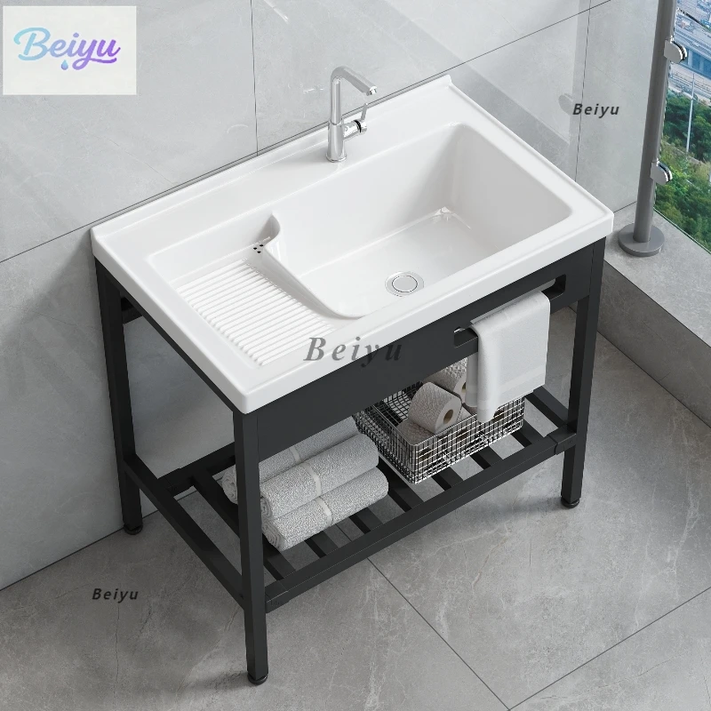 

Non-punching floor-to-ceiling stainless steel bracket laundry basin with washboard to deepen balcony ceramic hand washing basin