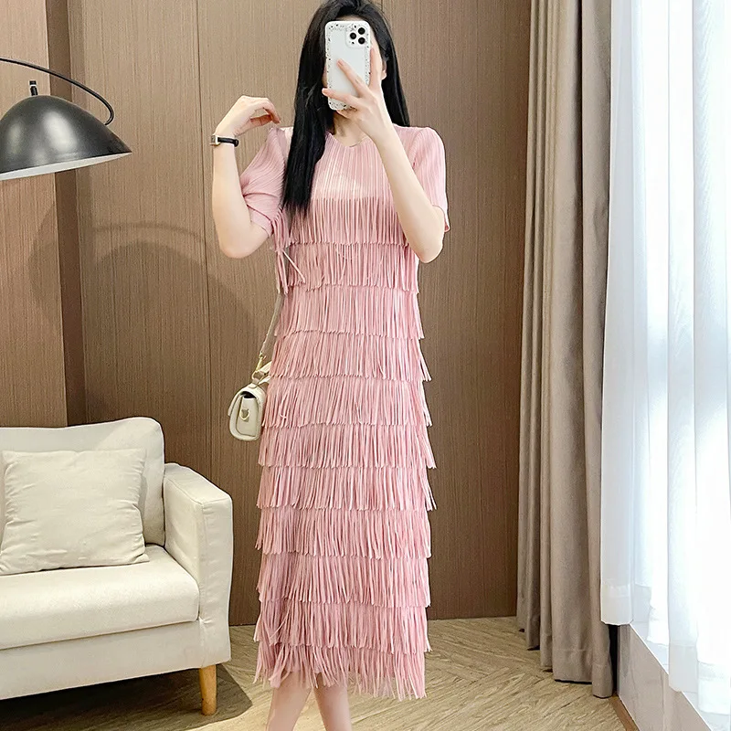 

Pleats Pleated Dresses2024 Summer High End Chic Fringe Dresses Women Elegant Gentle Pleated Casual Dresses Women Clothing